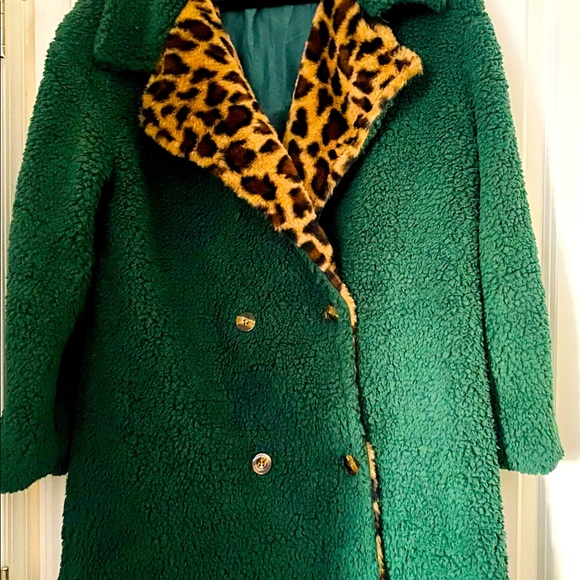 SHEIN Green Teddy Jacket with Leopard Print Lining - Picture 3 of 7